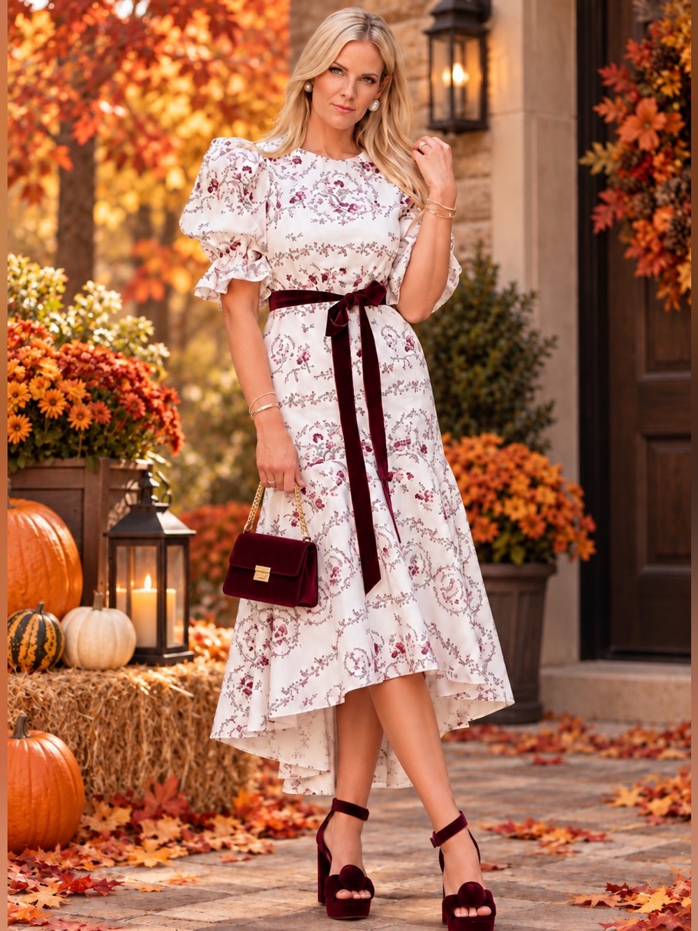 Antonio Melani x Nicola Bathie Emilia Floral Print Puff-Sleeves Midi Dress